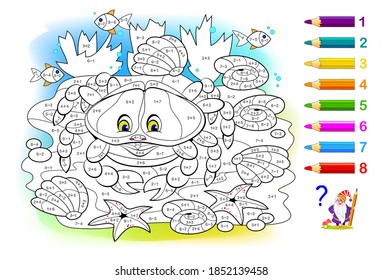 Math education for little children. Coloring book. Mathematical exercises on addition and subtraction. Solve examples and paint the dragon. Developing counting skills. Worksheet for kids.