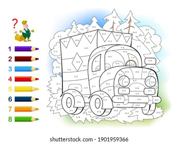 Math education for little children. Coloring book. Mathematical exercises on addition and subtraction. Solve examples and paint the lorry. Developing counting skills. Worksheet for kids.