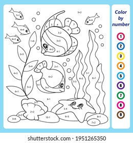 Math education for little children. Coloring book. Mathematical exercises on addition and subtraction. Solve examples and paint the marine fish. Developing counting skills. Worksheet for kids.