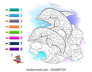 Math education for little children. Coloring book. Mathematical exercises on addition and subtraction. Solve examples and paint the playing dolphins.  Developing counting skills. Worksheet for kids.