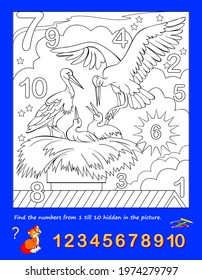 Math education for little children. Coloring book. Logic puzzle game. Find the numbers from 1 to 10 hidden in the picture and paint them. Developing counting skills. IQ test. Worksheet for kids.