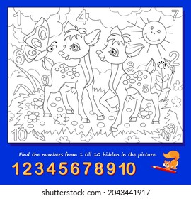 Math education for little children. Coloring book. Logic puzzle game. Find the numbers from 1 to 10 hidden in the picture and paint them. Developing counting skills. IQ test. Worksheet for kids.