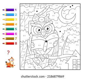 Math education for little children. Coloring book. Mathematical exercises on addition and subtraction. Solve examples and paint the owl. Developing counting skills. Worksheet for kids. Activity sheet