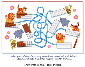 Math education for little children. What part of chocolate every animal has shared with his friend? Count a quantity and draw missing number of pieces. Coloring book. Worksheet for kids textbook.