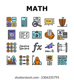 math education school science icons set vector. mathematics algebra, geometry formula, knowledge graphic, mathematical equation math education school science color line illustrations