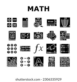 iconos de ciencias de la escuela de matemáticas establecen vector. álgebra matemática, fórmula de geometría, gráfico del conocimiento, ecuación matemática matemática educación de la escuela de ciencias pictograma de glifos Ilustraciones