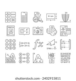 math education school science icons set vector. mathematics algebra, geometry formula, knowledge graphic, mathematical equation math education school science black contour illustrations