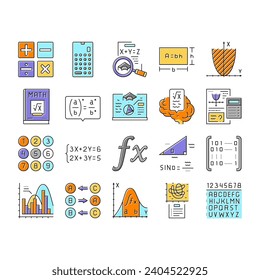 math education school science icons set vector. mathematics algebra, geometry formula, knowledge graphic, mathematical equation math education school science color line illustrations