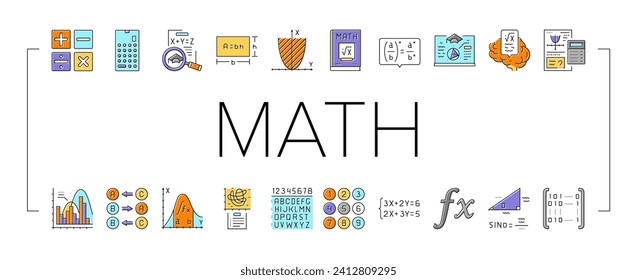 math education school science icons set vector. mathematics algebra, geometry formula, knowledge graphic, mathematical equation math education school science color line illustrations