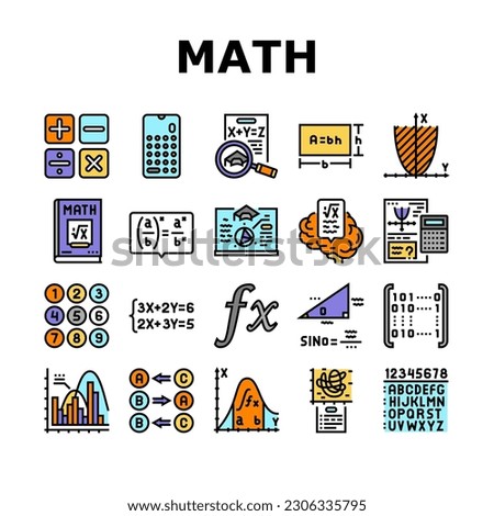 math education school science icons set vector. mathematics algebra, geometry formula, knowledge graphic, mathematical equation math education school science color line illustrations