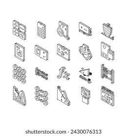 math education school science isometric icons set. mathematics algebra, geometry formula, knowledge graphic, mathematical equation math education school science color line