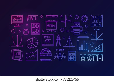 Math education vector colorful horizontal banner or illustration in outline style on dark background