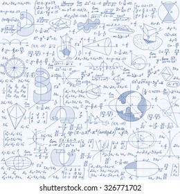 Math education vector seamless pattern with figures, handwritten formulas, tasks, plots and calculations. Mathematical background handwritten on a copybook grid paper, endless texture