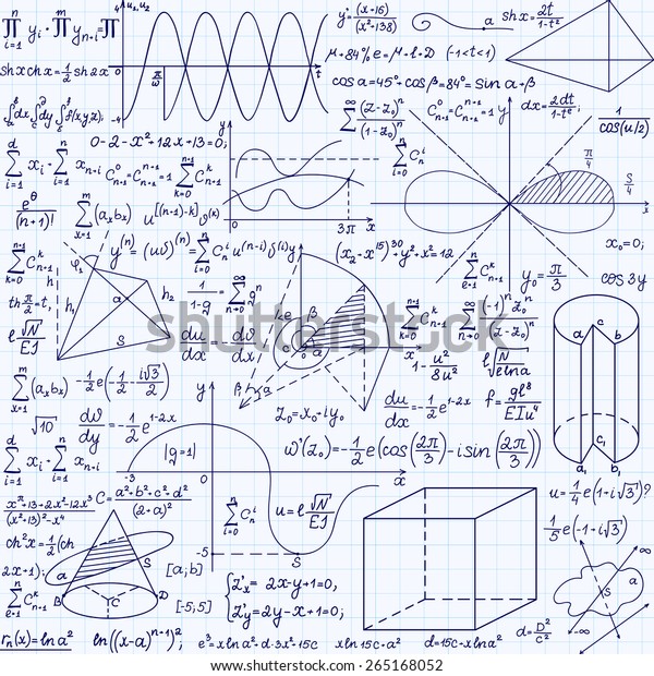 数学教育矢量无缝模式与手写公式 任务 情节 计算和几何图形 无尽的质感 手写在版本网格纸上的数学背景库存矢量图 免版税