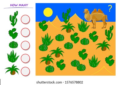 Math education for young children. Help the camel count quantity of cactus and write numbers in circles. Developing counting skills. Printable worksheet for kids school book. Vector cartoon image.