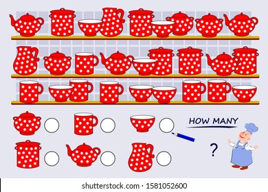 Math education for young children. Help the cook count quantity of each of dishes and write the numbers. Developing counting skills. Printable worksheet for kids school book. Vector cartoon image.