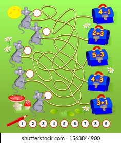 Math education for young children. Solve examples and write numbers in circles. Exercises on addition and subtraction. Developing counting skills. Printable worksheet for kids book. Back to school.