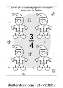 Math educational coloring page with a fraction and a set of christmas objects, gingerbread man cookies: Color the part of set to represent the fraction. Three-fourths. Winter holidays theme.

