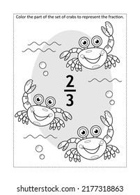 Math educational coloring page with a fraction and a set of crabs: Color the part of the set to represent the fraction. Two-thirds. Underwater or beach theme.
