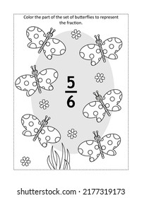 Math educational coloring page with a fraction and a set of butterflies: Color the part of the set to represent the fraction. Five-sixths. Spring or summer theme.
