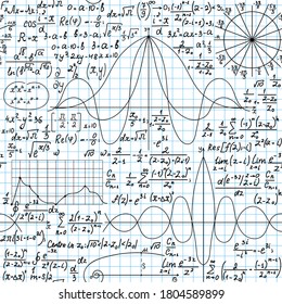Math educational formulas, figures and handwritten calculations vector seamless background