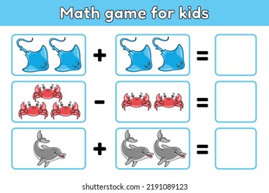 Math educational game for children. Addition and subtraction. Count and write down the result. Sea animals vector illustration.