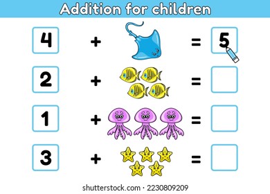 Math educational game for children. Addition. Count and write down the result. Vector illustration of cartoon sea animals.