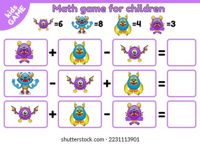 Math educational game for children. Addition and subtraction. Activity for preschool and school children. Cartoon monsters. Vector illustration.