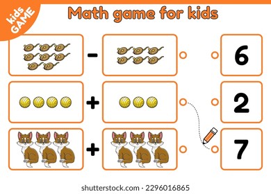 Math educational game for children. Addition and subtraction. Counting exercise for kindergarten and preschool education. Page of activity book with cartoon kittens and cat toys. Vector illustration.