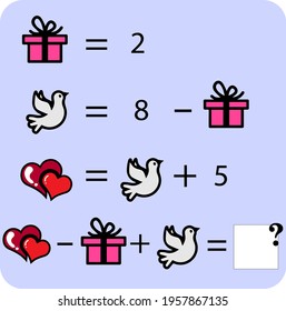 Math educational game for children. Advanced level. Learning multiplication, addition, subtraction equations worksheet for kids. Math Puzzle with toys and food. For logical thinking.