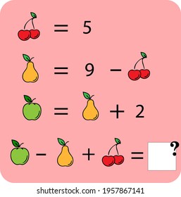 Math educational game for children. Advanced level. Learning multiplication, addition, subtraction equations worksheet for kids. Math Puzzle with toys and food. For logical thinking.