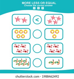 Math educational game for children. Choose more, less or equal game. Educational printable math worksheet. Vector illustration in cartoon style.