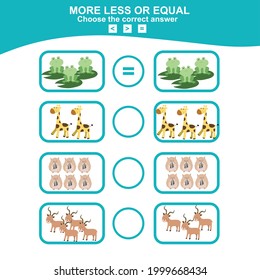 Math educational game for children. Choose more, less or equal game. Animal math theme game.  Educational printable math worksheet. Vector illustration in cartoon style.