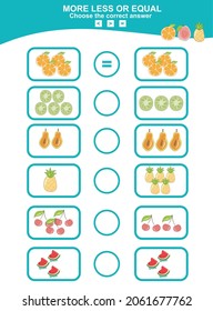 Math educational game for children. Choose more, less or equal game. Tropical fruit math theme game.  Educational printable math worksheet. Vector illustration in cartoon style.