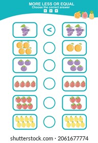 Math educational game for children. Choose more, less or equal game. Tropical fruit math theme game.  Educational printable math worksheet. Vector illustration in cartoon style.