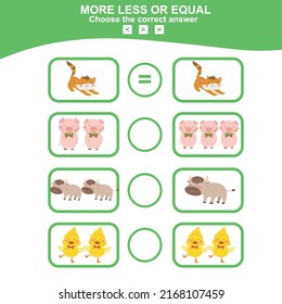 Math educational game for children. Choose more, less or equal game. Educational printable math worksheet. Vector illustration in cartoon style.