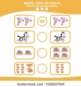 Math educational game for children. Choose more, less or equal game. Educational printable math worksheet. Vector illustration in cartoon style.