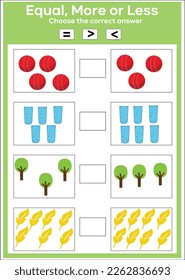 Math educational game for children. Choose more, less or equal game.  Educational printable math worksheet. Vector illustration in cartoon style.