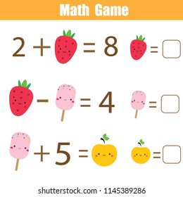 Math educational game for children. Complete equations. Study subtraction and addition. Mathematics worksheet for kids