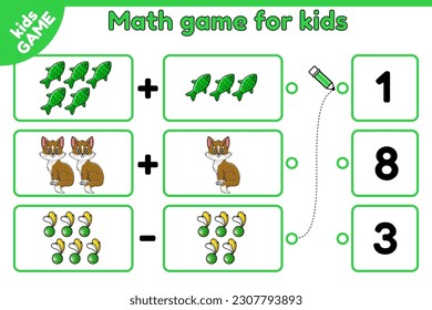 Juego educativo de matemáticas para niños. Cuenta y elige el número correcto. Hoja de trabajo para educación preescolar y preescolar. Los niños trabajan con gatitos de dibujos animados y juguetes de gatos. Ilustración vectorial.