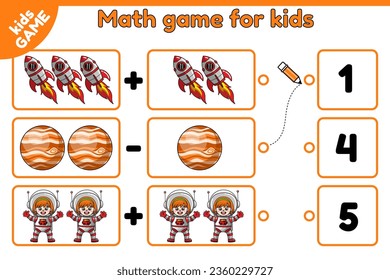 Math educational game for children. Count space objects and choose the correct number. Worksheet for kindergarten and preschool kids. Cartoon girl astronauts, rockets and planets Jupiter. Vector.