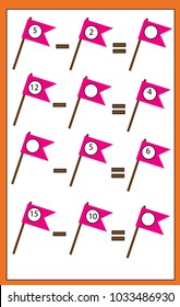 Math educational game for children. Counting equations. Study subtraction. Mathematics worksheet worksheet with flags