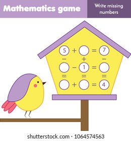 Math educational game for children. Counting equations. Study subtraction and addition. Mathematics worksheet for kids