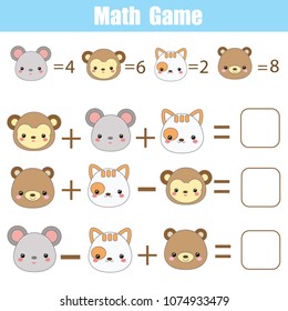 Math educational game for children. Counting equations. Mathematics worksheet with cute animals faces