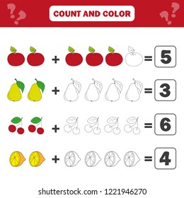 Math educational game for children. Counting equations. Addition worksheet - count and color
