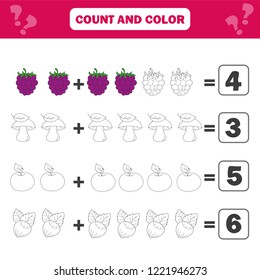 Math educational game for children. Counting equations. Addition worksheet - count and color