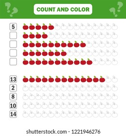 Math educational game for children. Counting equations. Addition worksheet - count and color
