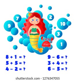 Math educational game for children Counting game for kids The Theme Of Mermaids vector illustration.
