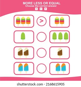 Math educational game for children. Counting ice cream. Choose more, less or equal game. Educational printable math worksheet. Vector illustration.