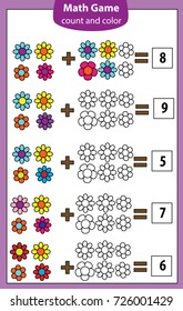 Math educational game for children. Counting equations. Addition worksheet